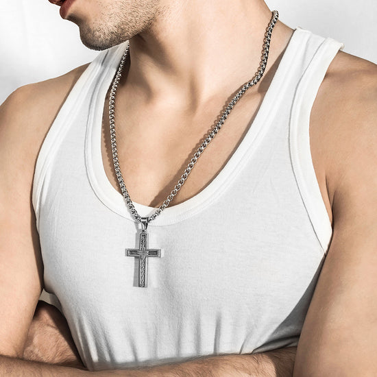 Cable Embedded Cross Necklace - NSSN596ST