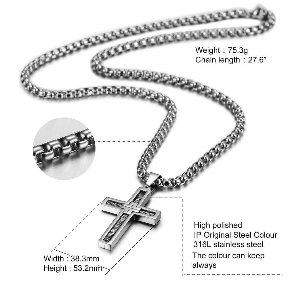 Cable Embedded Cross Necklace - NSSN596ST