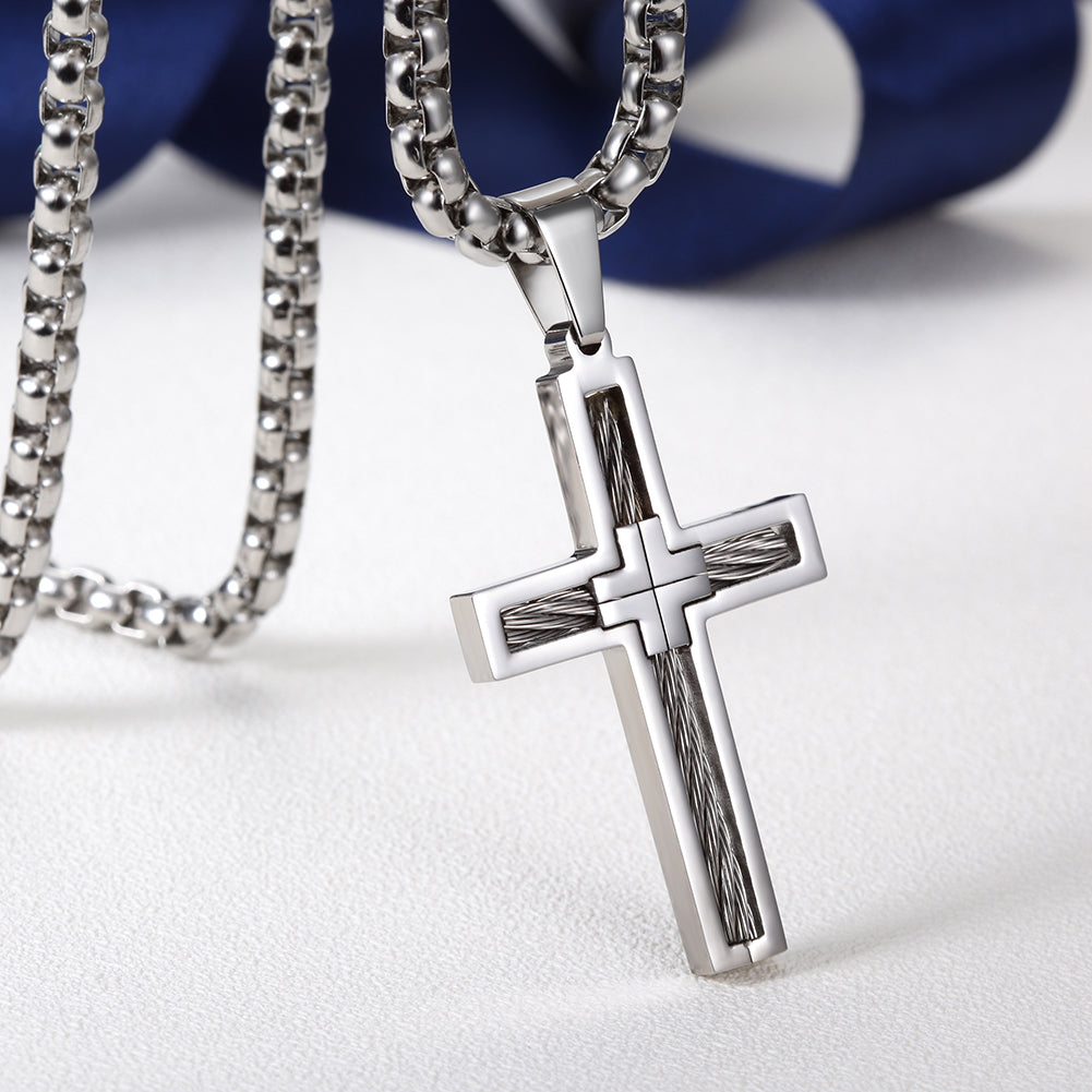 Cable Embedded Cross Necklace - NSSN596ST