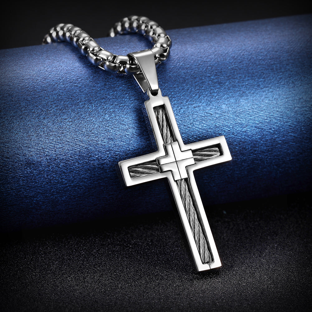 Cable Embedded Cross Necklace - NSSN596ST