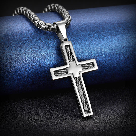 Cable Embedded Cross Necklace - NSSN596ST