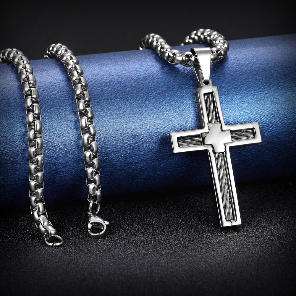 Cable Embedded Cross Necklace - NSSN596ST