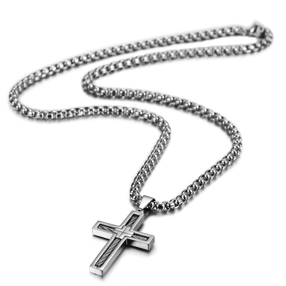 Cable Embedded Cross Necklace - NSSN596ST