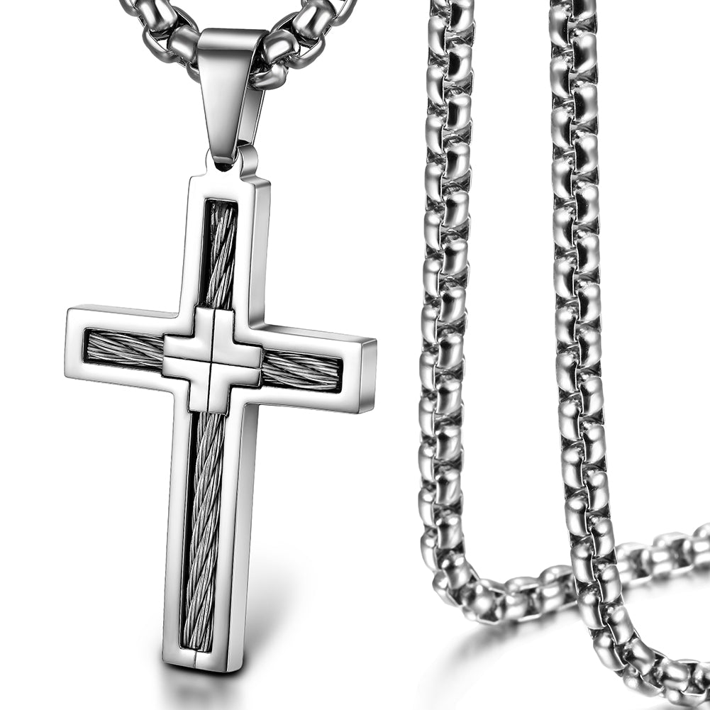 Cable Embedded Cross Necklace - NSSN596ST