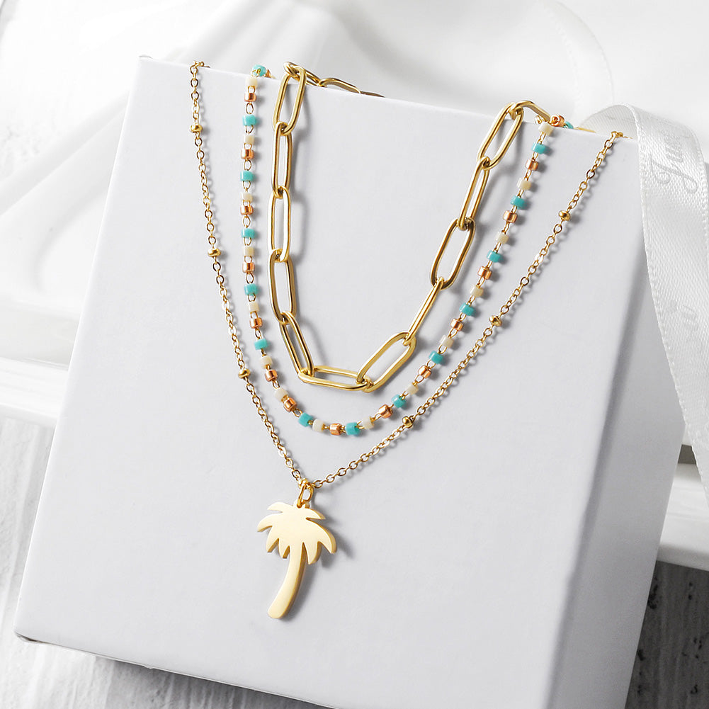 Multi layered golden coconut tree necklace-NSSN718STGC