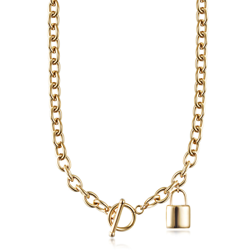 Stainless steel lock necklace-NSSN729STGC