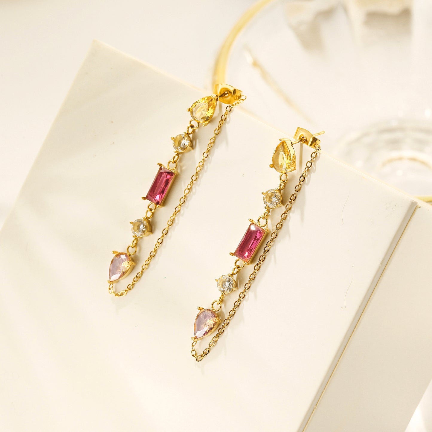 Chain gemstone earrings-SCE383STGCZD