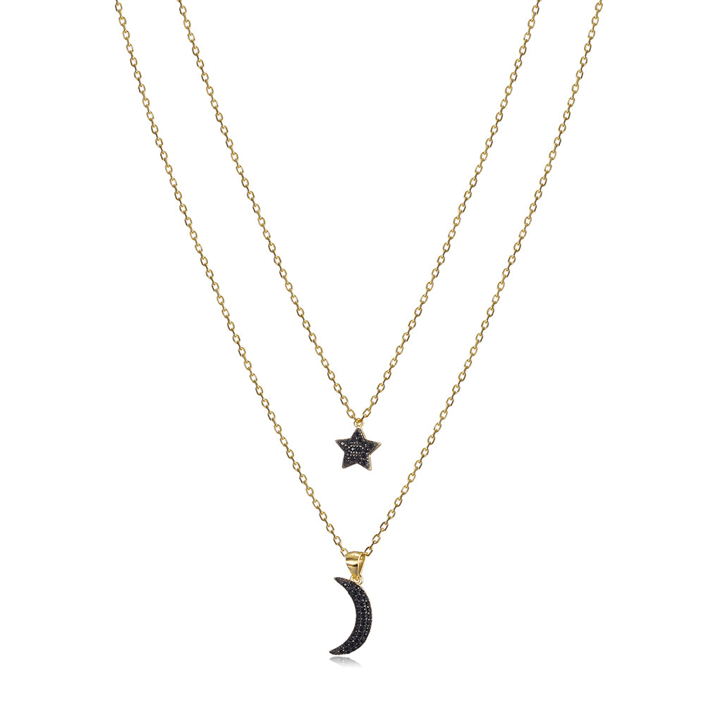 Moon and Star Obsidian Pendant Layered Necklace - SSN163BK