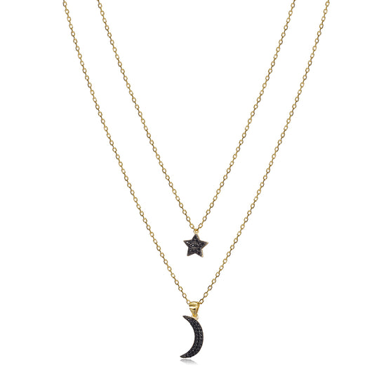 Moon and Star Obsidian Pendant Layered Necklace - SSN163BK