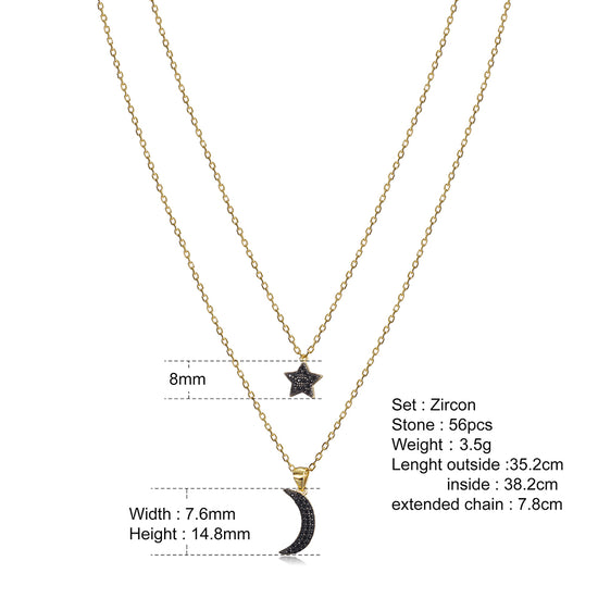 Moon and Star Obsidian Pendant Layered Necklace - SSN163BK