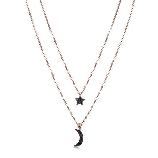 Moon and Star Obsidian Pendant Layered Necklace - SSN163BK