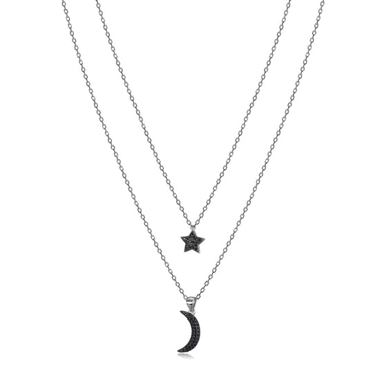 Moon and Star Obsidian Pendant Layered Necklace - SSN163BK