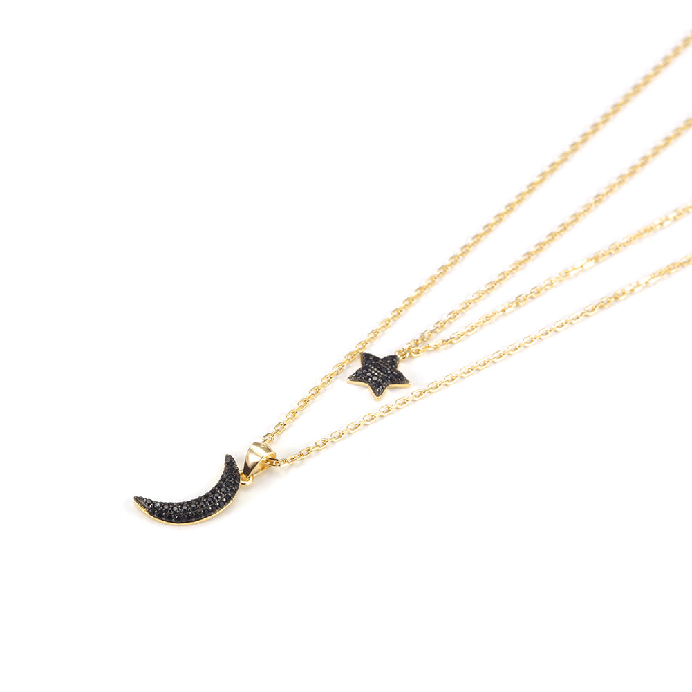 Moon and Star Obsidian Pendant Layered Necklace - SSN163BK