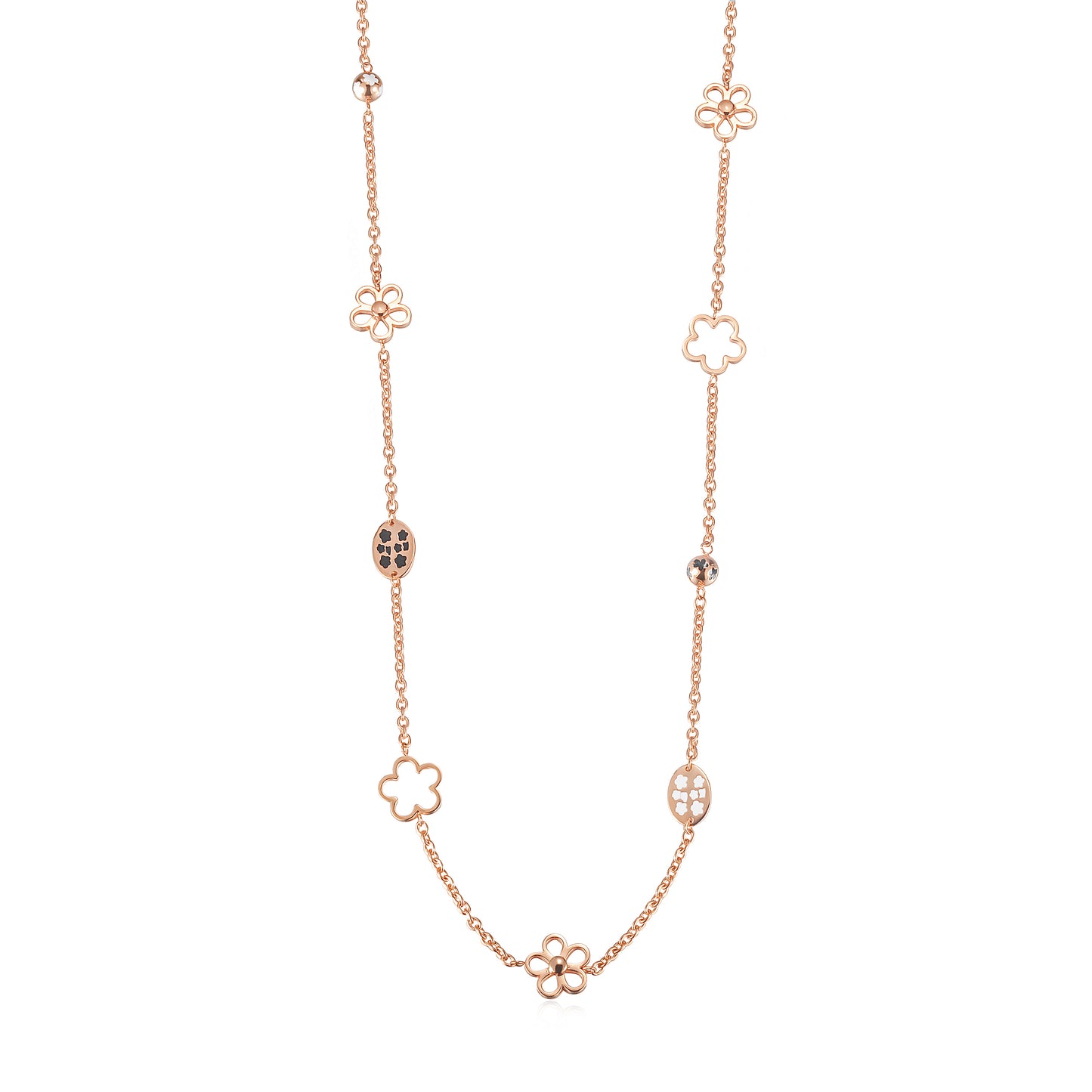 Black Flower Lucky Clover Rose Gold Pave CZ Jewelry Set: Earrings & Necklace